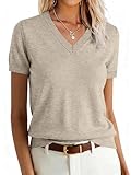 ANRABESS Women Wool Blend Sweater Summer 2026 Short Sleeve V Neck Pullover Top Business Casual Outfit Beach Vacation Clothes Almond Large