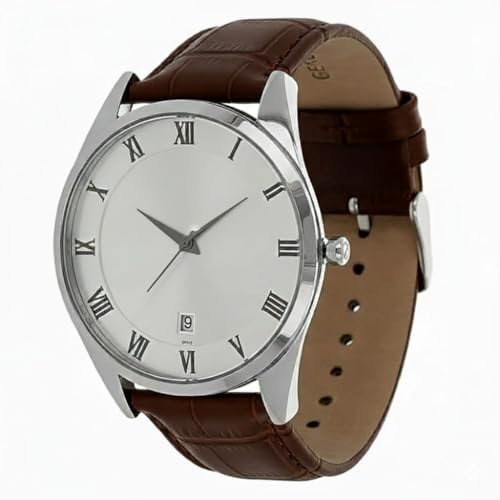 Image of Men's Analog Watch with Brown Leather Strap | Silver Dial | Roman Numerals | Date Display | Formal & Casual Wear