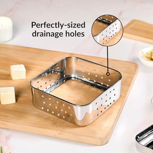Image of PRANIJ Stainless Steel Homemade Paneer & Tofu Maker Mould with Drainer Plate and Lid | Square Paneer Sprout Maker - 750 ML (Large, Easy to Clean)