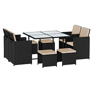 SONGMICS Garden Furniture Set Dining Table and Chairs, Set of 9 PE Rattan Outdoor Patio Furniture, Dining Furniture, Glass Top Coffee Table, with Cushions, Space-Saving, Black and Beige GGF091B02