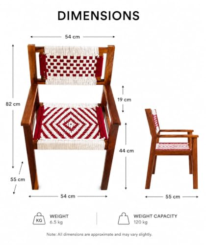 Image of Handcrafted Solid Sheesham Wood Accent Chair with Cotton Rope Weaving | Modern Wooden Arm Chair for Living Room, Bedroom & Balcony | Rustic Handmade Lounge Chair | Natural Finish (Red & White)