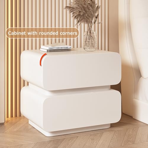 Table de chevet avec rangement blanc cassé, meuble de nuit 2 tiroirs tendance