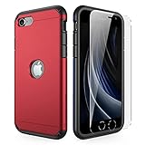 ImpactStrong for iPhone SE 2022 (3rd Gen)/iPhone SE 2020 (2nd Gen) Slim Heavy Duty Dual Layer Protection Cover Heavy Duty Case (2X Glass Screen Protector Included) - Deep Red