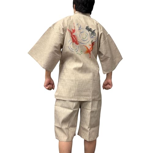 [江戸てん] 甚平 メンズ 綿100% しじら織 涼しい 夏 和柄 捺染プリント（金魚柄）【涼風金魚シリーズ】 メンズ 金魚と波紋 ベージュ M