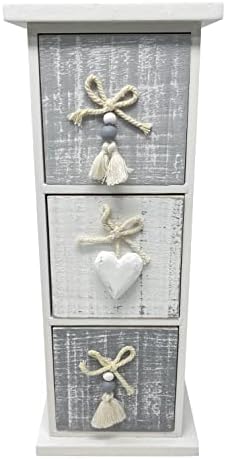 HTUK Wooden Storage Drawers Three Drawer Chest Cool Grey 3 Drawer Chest With White Heart Details And Tassles Small Mini Chest Storage Drawers