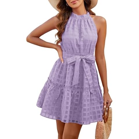 Halter Mini Dresses for Women Club Night Out Sleeveless Dress A-line Purple L Cover