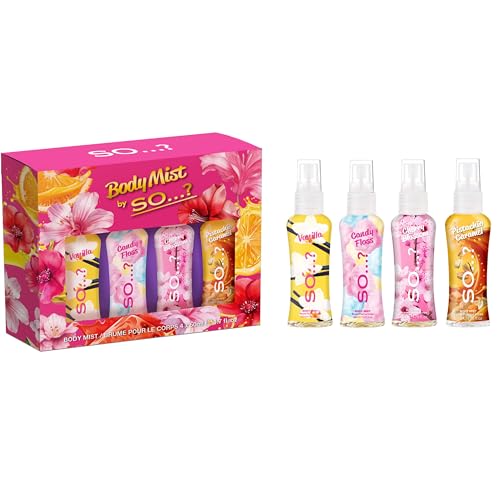 Body Mist by So...? Mini Body Mist for Women, Fragrance Gift Set (4 x 50ml) – Vanilla, Candy Floss, Cherry Blossom & Pistachio Caramel – Vegan, Cruelty-Free & Recyclable