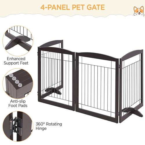 Image of Yaheetech 32 inchH 4-Panel Extra Wide Freestanding Dog Gate For Stairs Doorways | Sturdy Construction, Durable Support Feet, Tool-Free Setup, Fold Flat Barrier Ideal for Small /Medium Dogs, Espresso
