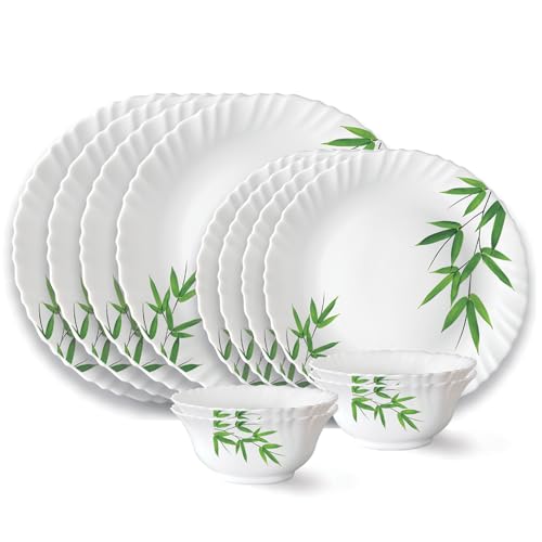 Image of Larah by Borosil Bamboo Leaves Fluted Series Opalware Dinner Set | 12 Pieces for Family of 4 | Microwave & Dishwasher Safe | Bone-Ash Free | Crockery Set for Dining & Gifting | Plates & Bowls | White