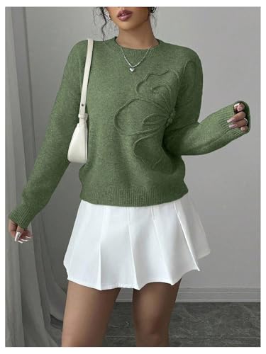 Image of RoseSeek Women's 3D Floral Appliques Crewneck Sweaters Long Sleeve Drop Shoulder Pullovers Elegant Knit Tops