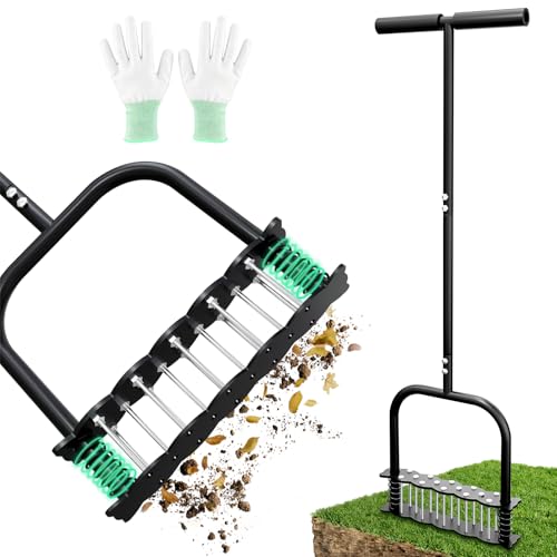 Manual Aerator Lawn Tool, Heavy Duty 35" Lawn Aerator Tool with T-Handle, 14 Spikes Automatic Rebound Aerating Tool, Anti-Clog Aerators Detachable Soil Aeration for Garden Lawn, Yard, Patio and Grass