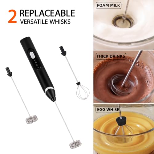 SOIOVO Handheld Milk Frother, Rechargeable 3-Speed Electric Whisk with 3 Detachable 304 Stainless Steel Heads, 6000/7000/8000 RPM, 1200mAh USB-C Coffee Mixer with Storage Stand, Matte Black - image 4