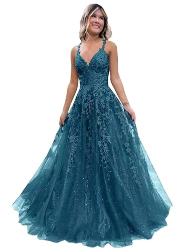 Glitter Tulle Prom Dress 2024 V Neck Lace Appliques Evening Gowns for Women Spaghetti Straps Formal Dress