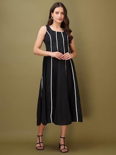 Image of PURVAJA Women's Round Neck Flared Cotton Blend Dress (Floe-043-045)