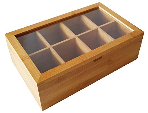 Bamboo Tea Box with Clear Display Lid – 100% Bamboo, 8 Adjustable