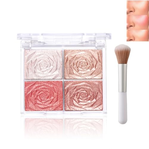4 Colors Blush & Highlighter Palette with Blush Brush - Shimmer Glow, Highly Pigmented, Long-lasting, Portable Natural Makeup Kit for Daily, Work, Date & Travel - Smooth, Lightweight & Beginner Friend