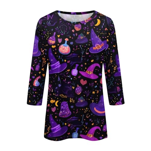 Cute Funny Halloween Shirts for Women Plus Size 3/4 Length Long Sleeve Womens Tops Witch Gothic Renaissance Shirt