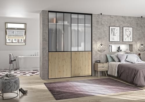 OPTIMUM 2 Portes de Placard coulissantes, Hauteur 250 cm, Largeur 150 cm, décor Atelier Noir, soubassement chêne Authentique, Verre dépoli Blanc, profils et Rails Noir Inclus