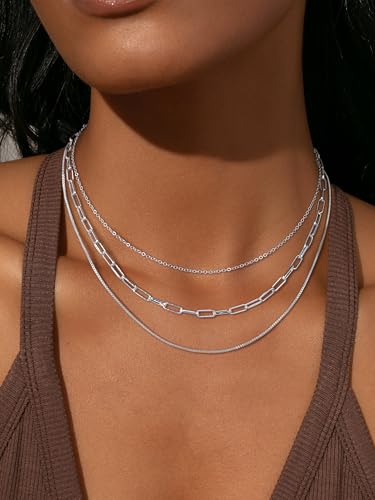 Dainty Gold/Sliver Layered Necklaces for Women,14K Gold/Sterling Silver Plated Paperclip Cuban Twisted Rope Chain Choker Necklaces Hypoallergenic Jewelry Gift for Women Non Tarnish3