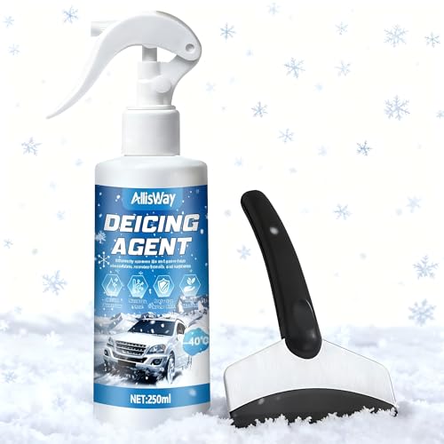 AllisWay Spray Antigelo Auto, 250ml Spray Sciogli Ghiaccio Auto, Spray Ghiaccio Auto, Scongela e Scioglie Rapidamente Ghiaccio e Brina, Adatto per Parabrezza, Specchietti Retrovisori e Carrozzerie