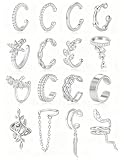 Ofeiyaa 16 Pcs Ear Cuff Earrings for Women Non Piercing Gold Silver Plated Ear Cuffs Non Pierced Snake Leaf CZ...