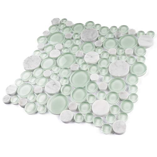 Bubbles Snow Dove Glass Mosaic Wall Tile With White Marble With Frosted And Polished 10.5" X10.5" #TOP2