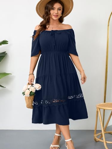 Image of RWJ Women's Plus Size Maxi Dress Short Sleeve Square Neck Flowy A-Line Lace Trim Flutter Party Casual Off Shoulder Dresses