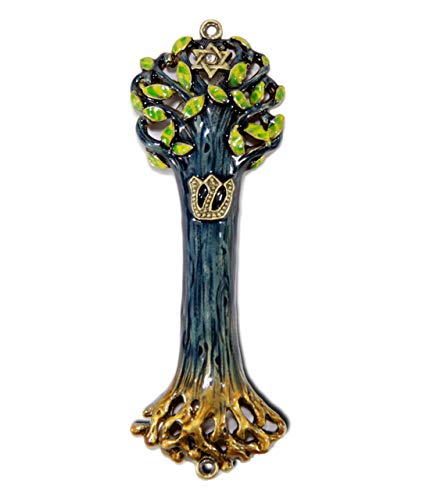 Mezuzah Case | Mezuzah Cover | Artwork Tree Of Life Wooden Texture Design And Crafted In Brass 4" For The Jewish Homes | Rainbow Color (Multicolored | Blue | Green) No Scroll Or Prayer Included #TOP28