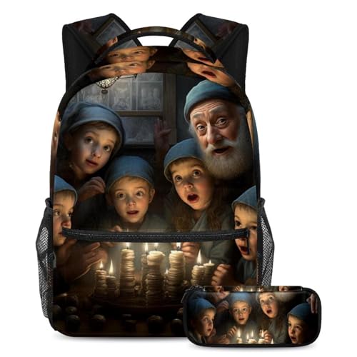 Lot de 2 cartables grande capacité avec trousse imprimé bougie Hanoukka pour adolescent taille L