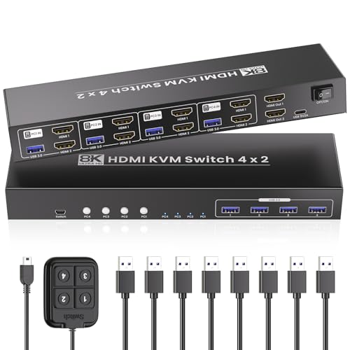 8K@60HZ 4K@120Hz HDMI KVM Switch 2 Monitors 4 Computers with 4 Port USB 3.0 Hub, 4 Port Dual Monitor HDMI KVM Switch for 4 Computers Share 1 Set of Keyboard, Mouse and 2 Monitors