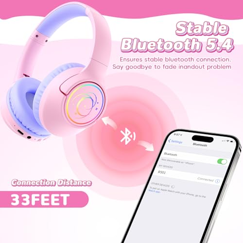 Image of Kids Bluetooth Headphones, 85H Wireless Headphones for Kids, Colorful LED Lights, 85 /94dB Safe Volume Limit, Bluetooth 5.4, Over Ear Toddler Headsets with Built-in Mic for Tablets Airplane,Pink