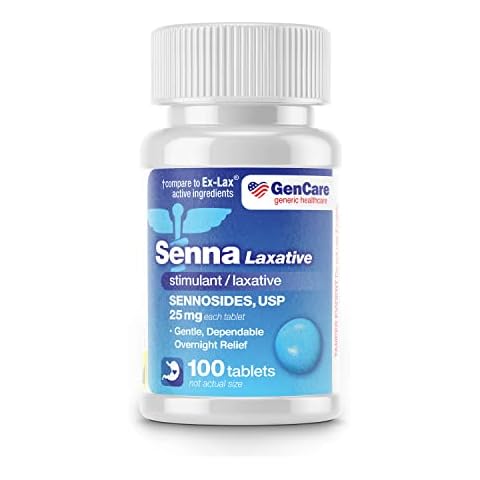 GenCare - Maximum Strength Senna Laxative 25mg (100 Tablets) - Gentle Constipation Relief Sennosides USP Stimulant Laxatives Digestion Pills - Natural Overnight Relief while You Sleep - Generic Ex Lax Cover