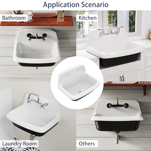 Image of ELLAI Wall Mount Utility Sink Wall Mounted Laundry Tub Ceramic Farm Style High Back Farmhouse Sink for Laundry Room, Garage, Kitchen, Bathroom, White and Black 24 inch x 17 inch x 15 inch