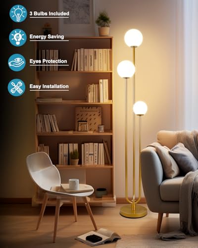 Image of Lightdot Globe Floor Lamp for Living Room Mid Century Modern Floor Lamps with 3000K Warm White Bulbs Included Unique Gold Standing Lamps with 5Lbs Heavy Base for Party /Bedroom /Sofa Beside /Corner Decor