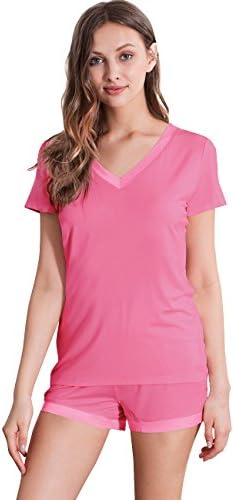 GYS Womens Soft V Neck Shorts Pajama Set (XXL, Raspberry Pink)