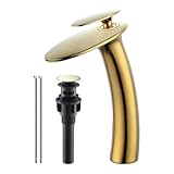 Wovier Shiny Polished Gold Waterfall Bathroom Sink Faucet,Single Handle Single Hole Vessel Lavatory Faucet,Slanted Body Basin Mixer Tap Tall Body,French Gold