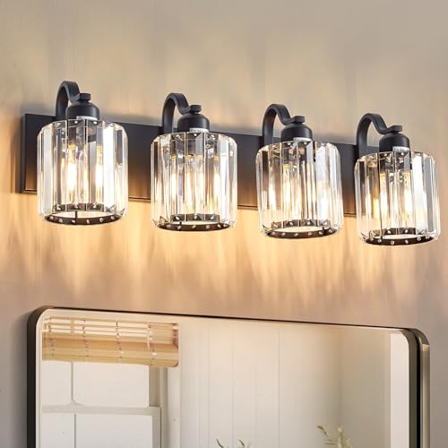 Aixialin Black 4 Light Fixtures Bathroom Vanity Light Crystal Modern Vanity Over Mirror for Bathroom with Crystal Round Shade (Exclude Bulb)