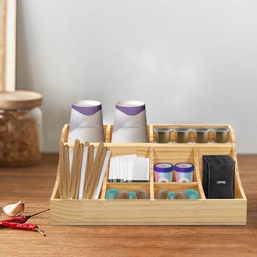 Coffee Bar Organizer for Countertop, Wooden Condiment Holder, Coffee Station Organizer, Coffee Pod Storage, Home Office Cafe Decor, 9 Compartments, Rustic Wood Finish