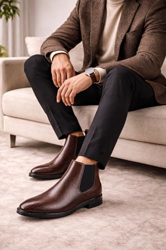 Image of Men's Leather Chelsea Boots | Ankle Boots with Textured Finish Formal & Smart Casual Boots | Comfortable Fit, Trendy, Stylish Boots | Leather Boots for Office /Fashionable