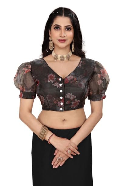 Women's Premium Organza Digital Floral Print Blouse | Padded Half Puff Sleeves Choli Alterable Readymade Saree Blouse-picture-27
