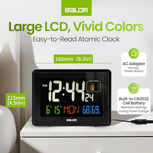 Baldr Digital Alarm Atomic Clock, 7'' Display with Adjustable Brightness - Image 4
