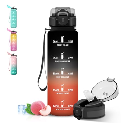 Grsta Botella Agua 1 litro, Cantimplora con Pajita, Diseño de Cerradura, con Marcador de Tiempo, A Prueba de Fugas Botella Agua Gimnasio para Deportes, Bicicleta, Hogar