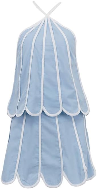 THLAI Dressy Womens 2 Piece Outfits Sleeveless Halter Neck Crop Top & Scalloped Hem Mini Skirt Set Street Style