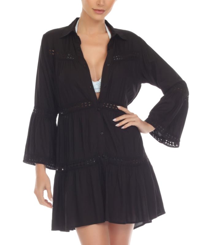 Women's Lace-Inset Button-Front Dress Cover-Up (Black, Large)2