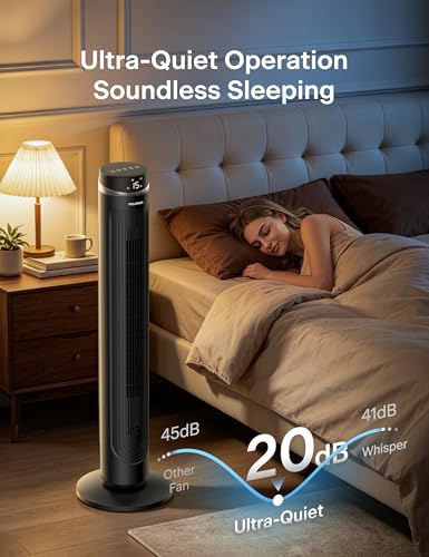 Image of PELONIS 42-Inch Tower Fan with 90 Oscillation, DC Motor Standing Fan with Remote Control & LED Display, 12 Speeds & 24H Timer, Quiet Cooling Fan for Bedroom Home Office