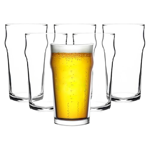Beer Glasses Set of 6-560 ml Beer Ale Drinking Glasses with Traditional British Pub Design - Lead Free Easy Stacking