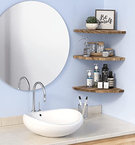 Delfoy Wall Mounted Rustic Wood Round Edge Corner Shelf Storage Rack, Bookcase, Floating Shelves Home Decor For Bedroom, Living Room, Office And Kitchen, Set Of 3 (Round Edge) #TOP4