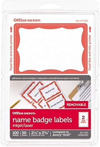 Amazon.com: Office Depot Name Badge Labels, 2 11/32in. X 3 3/8in., borde  color rojo, 100 unidades), od98837 : Productos de Oficina