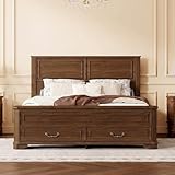 ZMAD Farmhouse Style Queen Size Bed with Headboard and Storage Bench with 2 Large Drawers, Pinewood Bed with Strengthened Bed Frame (Walnut)