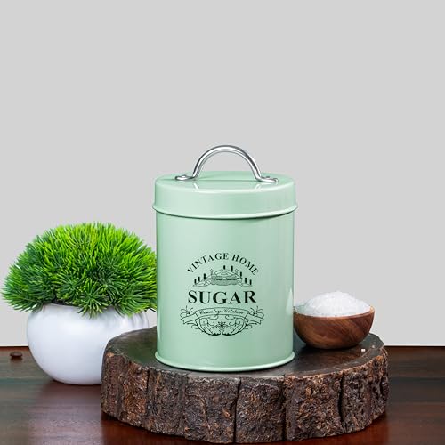 Image of Metallure Home Round Classic Tea Sugar Container Set of 2 | Metal Container for Kitchen Storage | Airtight Jar Set | Food-Safe Tea Jars for Kitchen (Light Green)